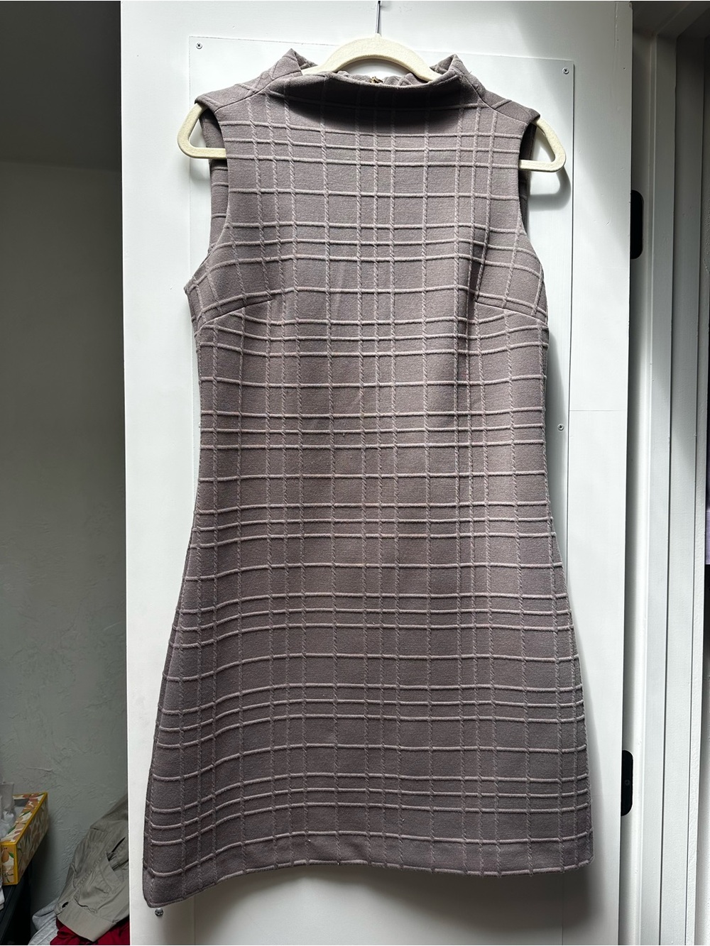 Calvin Klein Sleeveless Mock Neck Check Knit Mini Dress in Taupe